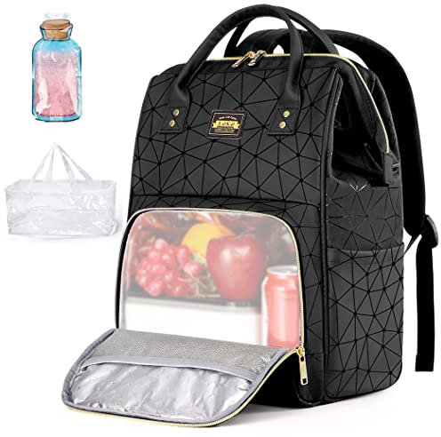 Lekesky Vielseitiger Rucksack Damen mit Isolierfach / 15.6 Zoll Laptop Rucksack - Arbeitsrucksack mit 1 auslaufsicheren Beutel und 1 Kühlakku, Schwarz