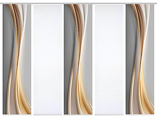 HOME in green 84070 ELANIA Schiebegardine aus recyceltem Polyester, halbtransparent, Farbe:Gold, Größe:245 x 60 cm, Anzahl:5er-Set (3X Motiv. 2X Uni)