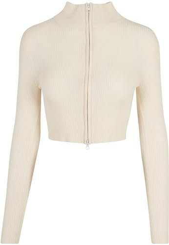 Urban Classics Women's Ladies Cropped Rib Knit Zip Cardigan Sweater, whitesand, S