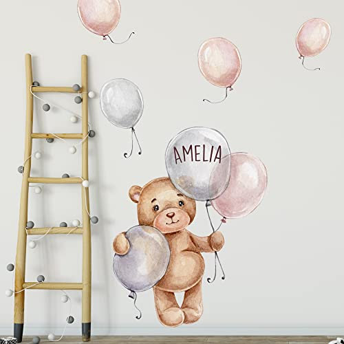 WANDKIND Bär mit Ballons und Wunschname V367 Wandtattoo | handgezeichnet | AUFKLEBER Kindergarten | Wandsticker Kinderzimmer personalisiert (40 x 40 cm)