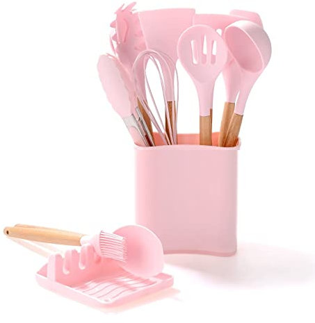 Ensemble d'ustensiles de cuisine en silicone avec spatule, pelle antiadhésive, manche en bois, lot de 13 pièces, rose