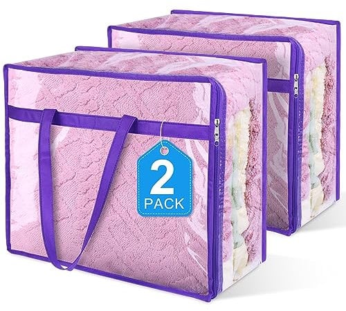 Budding Joy 2 Stück Transparente Plastik Aufbewahrungstasche, 40L Kleidung Aufbewahrungstasche mit Deckel Umzugskartons mit Verstärkter Griff für Bettwaren, Bettwäsche, Decken, Bettdecken, Lila