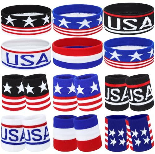 Liliful 6 Sets 4. Juli Sport-Stirnband und Armband mit amerikanischer Flagge, Gedenktag, gestreiftes Schweißband, 4. Juli, USA-Armbänder, Zubehör für Damen, Herren, Basketball, Fußball, Laufen