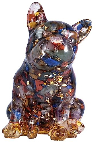 Nupuyai 7,5 cm Französische Bulldogge Figur Deko Edelstein Hund Statue | Bunte Bulldogge Edelstein Figur, Welpe Haustier Glücksbringer, Steinfigur kleine Deko für Wohnen Büro Auto