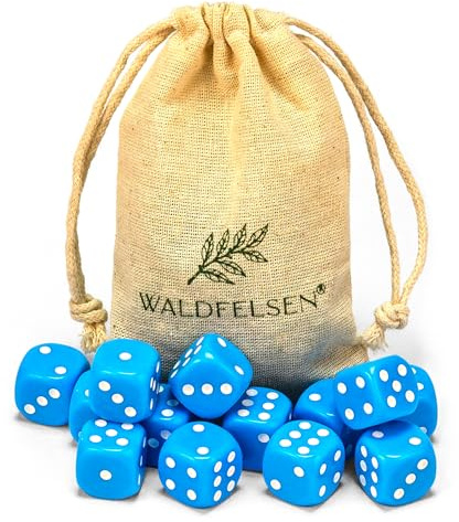 Waldfelsen 6, 12, 20, 30 oder 50 hochqualitative Würfel Standardgröße 16 mm Acrylwürfel Knobel Spielwürfel Dice 6-seitig sechsseitig Spielzubehör Set mit Stoffbeutel (Himmelblau, 12 Stück)