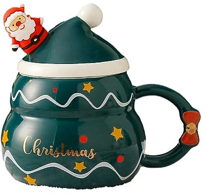Taza de cerámica con diseño de Papá Noel y muñeco de nieve de 400 ml para microondas que se puede utilizar creativamente con una cuchara de tapa, taza de agua de Navidad de gran capacidad, árbol de