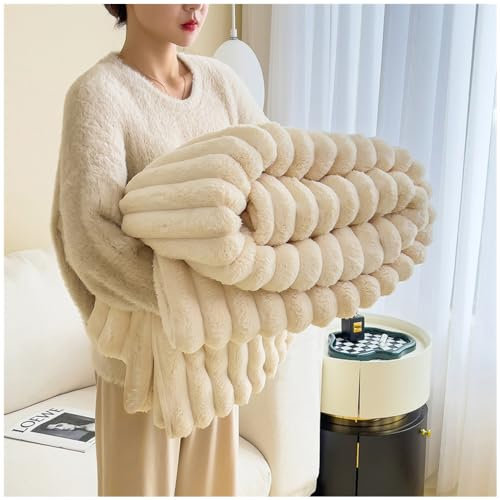 NUODWELL Manta suave y esponjosa, manta de forro polar súper acogedora y cálida, manta de felpa de conejo de doble grosor para cama, sofá, silla (blanco crema, 150 x 200 cm)