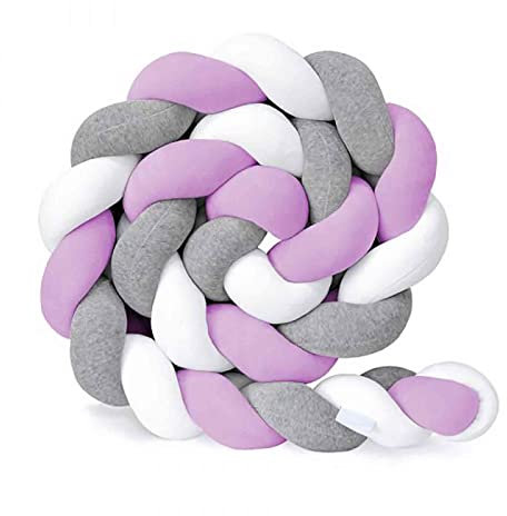 NYCUBE Bettschlange Geflochten, kopfschutz Gestrickt, Knotenkissen, Seitenschläferkissen, Bettumrandung Kantenschutz, Kopfschutz Bettumrandung, Weiß/Grau/Lila, 150cm