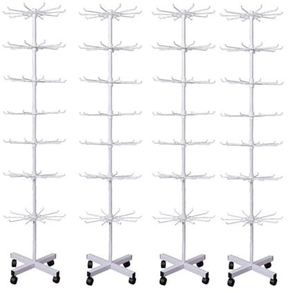 4 x Verkaufsständer drehbar Höhe 155cm | rollbares Warenständer 7 Etagen | 4er Set Drehständer mit 70 x Haken aus Metall | Ständer Ladenausstattung Theke | Ladeneinrichtung Kleinartikelständer Weiß