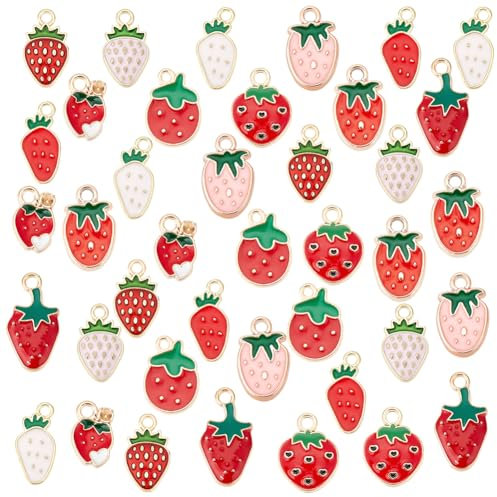 PH PandaHall 100 Stück Erdbeer Anhänger Im 10 Stil Mini Erdbeer Anhänger Obst Anhänger Legierungs Charms Erdbeer Emaille Charms Verschiedene Erdbeer Charms Für Die Schmuckherstellung DIY Basteln