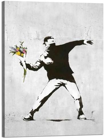 Kunstbruder Wandbilder Banksy berühmte Motive - Komplett Aufhängefertig, Street graffiti art, moderne Leinwand Mood bilder (flowerriotgrau, 30x40 cm)