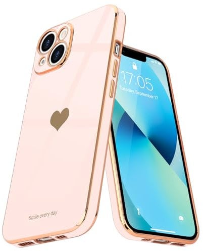 Teageo for iPhone 13 Case Cute Heart Pattern for Women Girls Slim Luxury Bling Plating Soft TPU Anti-Scratch Shockproof Bumper Phone Case for iPhone 13, Light Pink