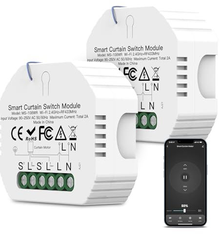 2pack Interruptor Persianas WiFi con Porcentaje, Módulo de Persianas Control por Tuya APP RF433 y Voz, Compatible con Alexa y Google Home, Relé de Persianas para Motor Persiana Toldos Cortinas Tublar