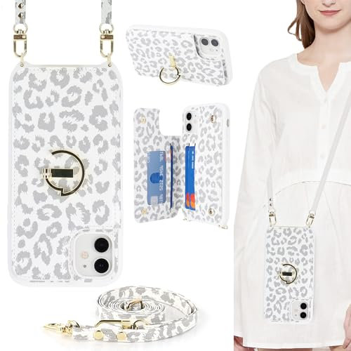 ELTEKER for iPhone 14 Plus Phone Case with Card Holder and Strap,Wallet Case Flip Cover with Crossbody Lanyard Strap for iPhone 14 Plus (6.7 Inch) - White Leopord