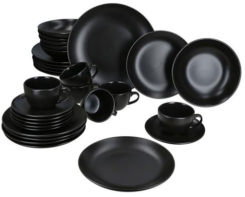 MamboCat Panther 30tlg Kombiservice I matt schwarzes Steingut-Geschirrset für 6 Personen I Je 6x Kaffeetassen 160ml, Untertassen, Kuchenteller, Suppenteller 420ml & Speiseteller