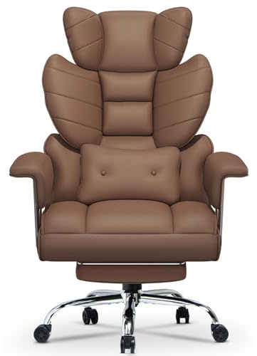 rattantree Bürostuhl mit Fußstütze, Ergonomischer Schreibtischstuhl mit Zusätzlichem Lordosenstützkissen, Großer Chefbürostuhl aus PU-Leder mit Hoher Rückenlehne, Computerstuhl, Braun
