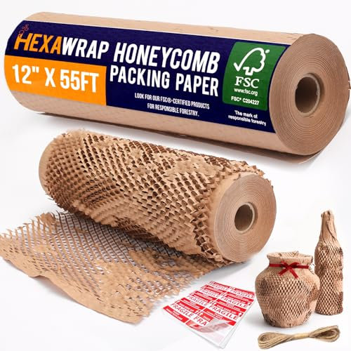 Honeycomb Packing Paper 12 x 55ft with Rope & 20 Fragile Stickers|Shipping & Moving Supplies|Small Business Packaging Supplies|Eco Friendly Bubble Wrap Packing Boxes for Moving Certified FSC C204227