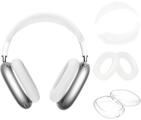 4 Stück Silikon-Schutzhüllen + TPU-Ohrpolster-Schutzhülle + Kopfbügel-Stirnbandabdeckung für Apple AirPods Max Kopfhörer, Zubehör für Apple AirPods Max(Transparent)