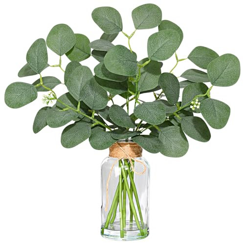 Veryhome Artificial Plants Indoor in Pot with Glass Vase with Faux Water Fake Silver Dollar Leaves Faux Plants Eucalyptus Leaves for Wedding Bouquets Table Centerpiece Home Decor