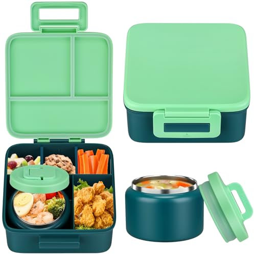 MAISON HUIS - Bento Box for Kids with 8oz Soup Thermos, 5 Compartments, Green