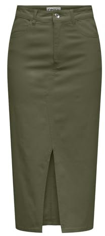 ONLY Damen Midi Rock ONLLola Damenrock wadenlang mit Schlitz 15318146 Olive Night L