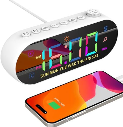 Alarm Clock with FM Radio, 8 Wake Alarm Clocks for Bedrooms, 5 Levels Screen Brightness Digital Clock, Alarm Clocks Bedside with Ambient Lighting, Dual Charging Port Digital Clock with Dual Alarms