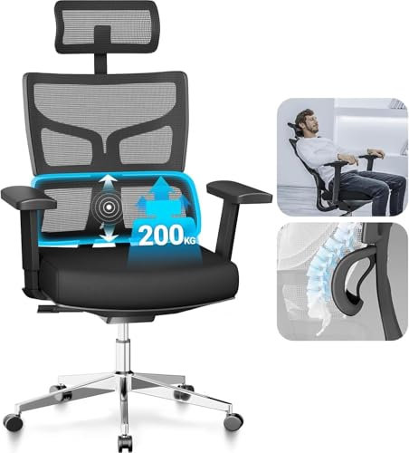 MELOKEA 200kg 440LBS Big and Tall Ergonomic Office Chair for Heavy People, Wide Mesh Heavy Duty Chair XL with Auto-chasing Lumbar, 3D Widened Arm, 90° 110° 122° Lock, EN12520 ReliefBack Max(Black)