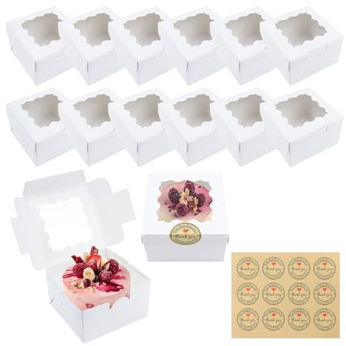 12PCS Small Cake Boxes, White Paper Cupcake Boxes Cookie Boxes with Windows and 12 Stickers Mini Cake Boxes Individual Bakery Dessert Brownie Boxes for Gift Small Cakes Sweet Candy (10 * 10 * 6.5cm)