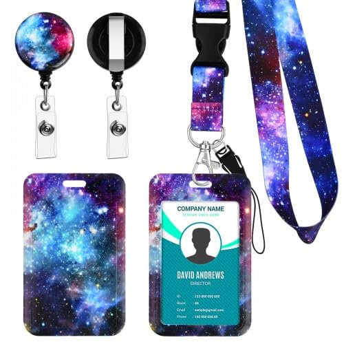 Porte Badge avec Cordon Tour de Cou, Tour de Cou Badge avec Porte-Cartes, 11x7cm Lanyard Strap Neck avec Swivel Lobster Clasp pour Carte Bancaire, Carte de Bus, Clé, Carte d'Identité (Étoiles Bleues)