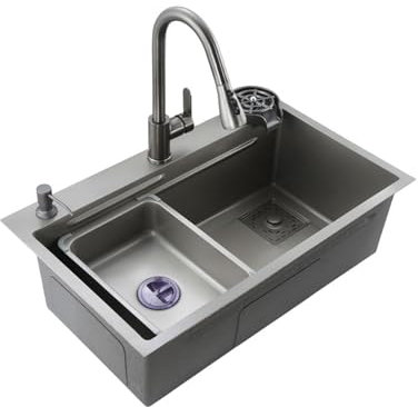 Fregadero Exterior Jardin, Multifunción Fregadero de Cocina, con Lavadora de Tazas, Grifo Extraible, Accesorios Completos, para Bar, balcón, Cocina y Otras escenas