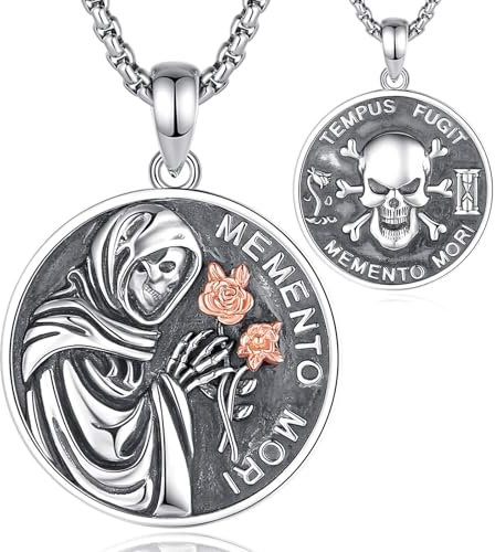 EUDORA Harmony Ball Collier en Argent Sterling S925 avec Tête de Mort Memento Mori pour Homme et Femme, Collier Santa Muerte Pendentif de la Mort sainte Amulette Cadeau Original, 55,9 cm + 5,1 cm
