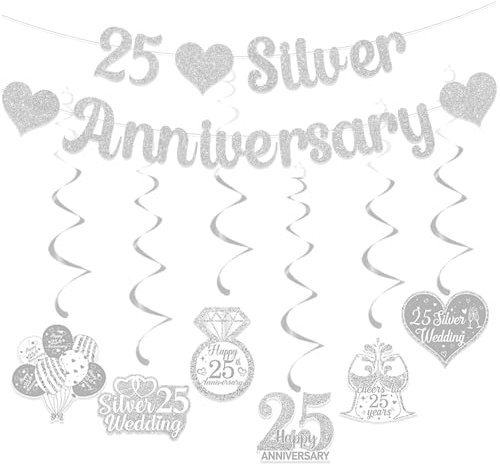 Gidobo 25th Wedding Anniversary Decorations Set, 25 Silver Anniversary Banner, 6 Pieces Hanging Swirls, Glittery Party Hanging Bunting for Couple Parent Anniversary Celebration