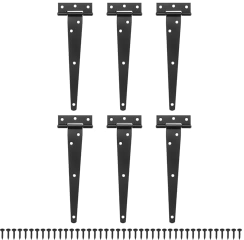 M METERXITY 6-Pack Iron T-Strap Shed Door Hinges, 8 Inch Barn Door Gate Hinges, Tee Hinge Wrought Hardware with Screws for Wooden Fences/Yard/Barn Door [Black]