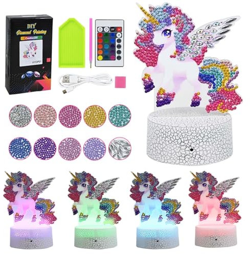Ulikey Einhorn Nachtlicht Kinder, Nachtlicht Bastelset Kinder, Kreative DIY 11 Farben Diamond Painting Einhorn, Fernbedienung 16 Farbwechsel Dimmbar mit Touch-Schalter, Bastelset für Mädchen