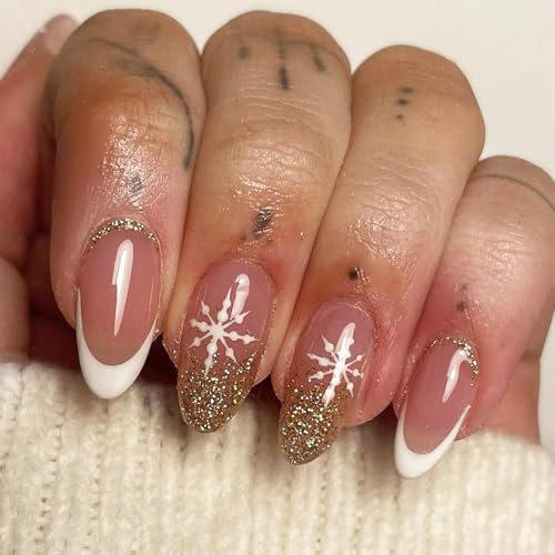 Christmas Short False Nails, 24Pcs Snowflakes and Glitter Gold French Manicure, Full Cover False Nails Press on Nails, Almond Stick on Nails for Women Nail Art