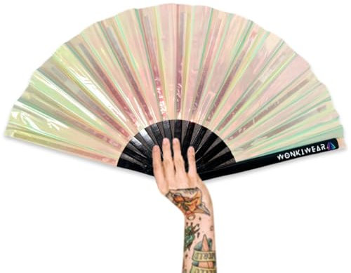 WONKIWEAR Fan, Folding Handheld, Iridescent, Holographic, Large Strong Black Bamboo. Unisex for Rave, Festival, Concert, Drag, Gay Pride (Pearl Iridescent, Large)