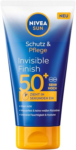 NIVEA SUN Schutz & Pflege Invisible Finish LSF 50+, wasserfester Sonnenschutz mit Hyaluron, schnell einziehende Sonnencreme für intensive Feuchtigkeit ohne weiße Rückstände (150 ml)