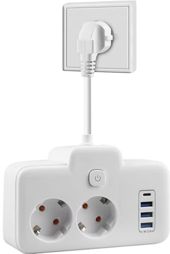Double Plug for Socket, Power Strip, 2-Fach Steckdosenleiste mit USB, Doppelstecker für Steckdose Steckdosenleiste mit Schalter,Distribution Socket Wall Mounted with 3 USB A & 1 USB C, PD 20 W - White