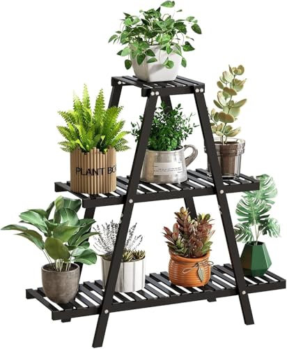 JQTOP 3-Tier Bamboo Plant Stand Indoor Outdoor, Black Ladder Plant Shelf for Living Room, Balcony, Patio, Garden, Space-Saving Plant Holder for Multiple Pots, Ideal Gardening (Black)