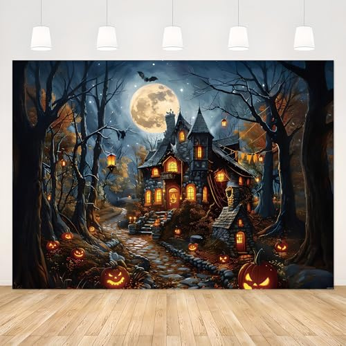 AIBIIN Halloween Backdrop 2.1x1.5m (7x5ft) Scary Castle, Evil Pumpkin, Gothic House, Full Moon, Dead Tree Horror Photography Background Banner Decorations for Halloween Party Supplies Photo Props