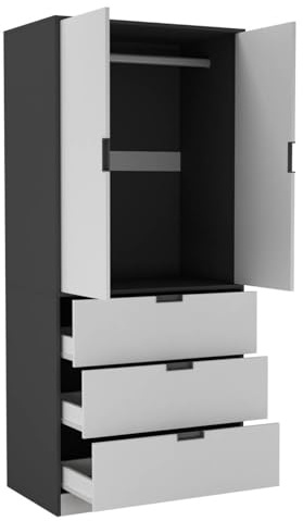 URBNLIVING Modern 2 Door Wardrobe with 3 Drawers & Hanging Rail, Stylish Freestanding Storage, Spacious Interior, Durable Chipboard Build, Easy to Assemble Bedroom Furniture