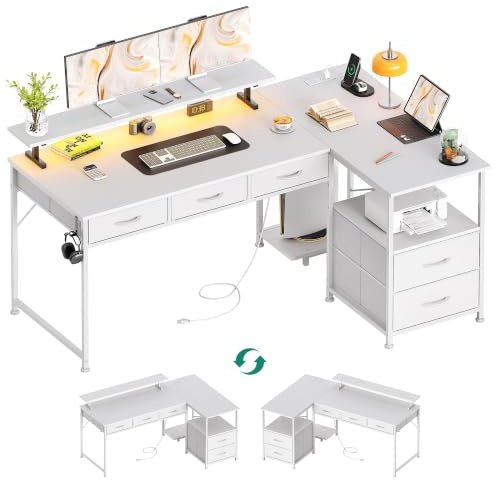 Flrrtenv 140cm Large Computer Desk with 5 Fabric Drawers, Home Office Work Desk with Power Outlets & Monitor Stand, L Shaped Gaming Desk with CPU Stand, Reversible Wooden Corner Desk, White