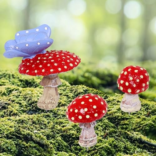 3 Stück Rote Pilzdekoration Den Garten, Fliegenpilz Deko, Garten Leuchtende Pilze Ornamente, Mini Pilzstatue Aus Kunstharz Fliegenpilz, Rasen Blumentopf Terrasse Mikro Landschaftsdekor Gartenornamente