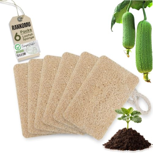 Rankomu Estropajo Ecologico Luffa 6 Unidades(13x8cm) Estropajo Luffa Cocina 100% Biodegradable Compostable Doble Cara con Lazo Colgante para Limpieza de Cocina y Baño