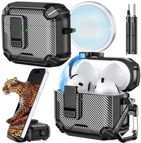 Inesore for AirPods 4 Hülle (2024) with Phone Stand Design, Carbon Fiber Texture Design, Auto-Locking Case Cover for Air Pods 4 with Cleaning Kit & Keychain, Black