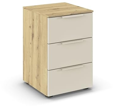 Rauch Möbel Flipp, Nachttisch, Farbe Beige/Eiche Artisan, Maße 40x61x42 cm | Nachtkommode, 3 Schubladen, Soft-Close-Funktion, für Schlafzimmer, Kinderzimmer, Jugendzimmer, Gästezimmer