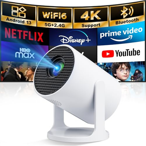 Mini Projector with WiFi 6 & Bluetooth, Smart Portable 1080P Projector with 4K Support, Android 13, Auto Keystone, 180° Rotation for Bedroom & Outdoor Movies