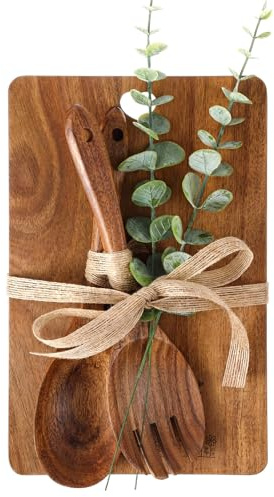 Xuniea Einweihungsgeschenk Holz Schneidebrett mit Kochlöffel Salatgabel | Küchenutensilien Set mit Simuliertem Eukalyptus, Neues Zuhause Geschenk zum Einzug, Wohnung Geschenk, Richtfestgeschenk