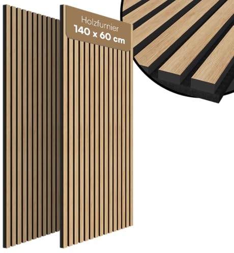 Bellamio Kilwa Akustikpaneele 140x60 cm, 2er-Set, Holzoptik Eiche, 3D | Wandpaneele, Wandverkleidung, Akustik Holzpaneele als Schallabsorber, Lamellenwand für Innen, Wall Panel mit Schallschutz