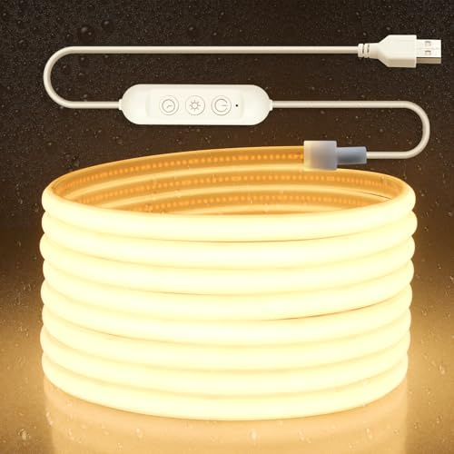 Aclorol Waterproof COB LED Strip 5M Dimmable USB LED Strip Lights for Bedroom Warm White Flexible Tape Light with Timer for TV Backlights Bedroom Living Room Ambient Cupboard Pergola Lighting Decor